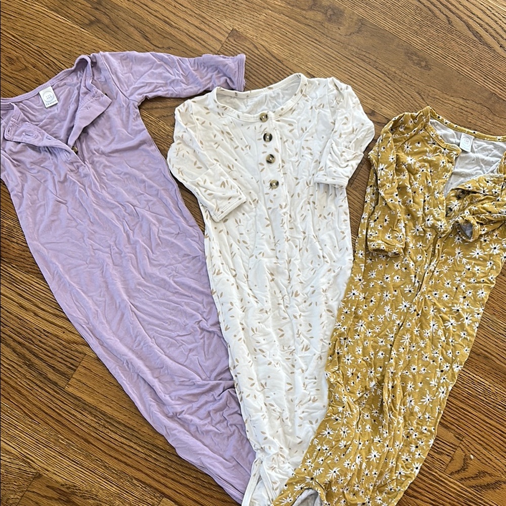Set of Three Baby Gowns in Purple, White, and Mustard